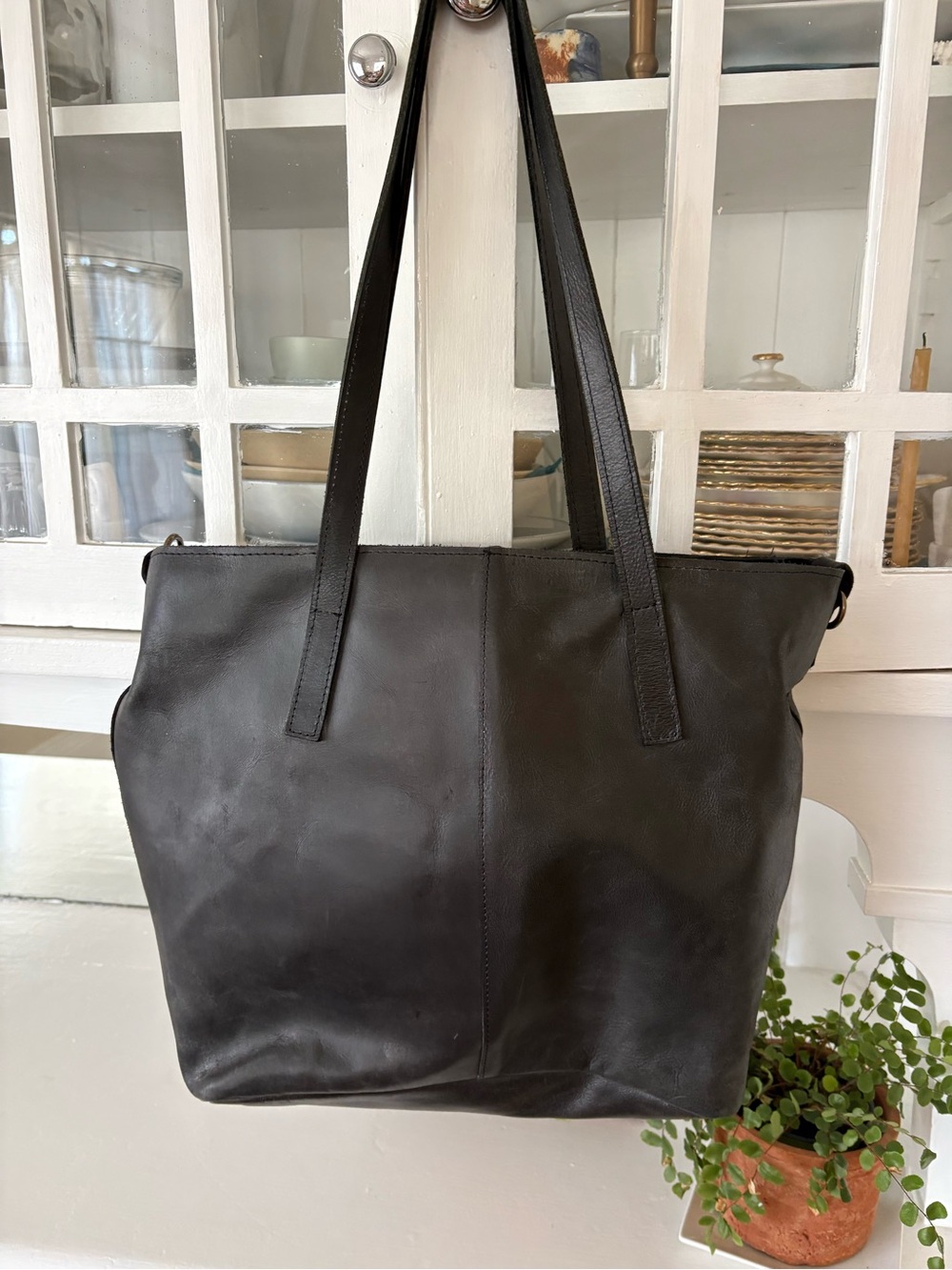 ABLE Classic Black Leather Tote Bag - Versatile Everyday Shoulder Bag